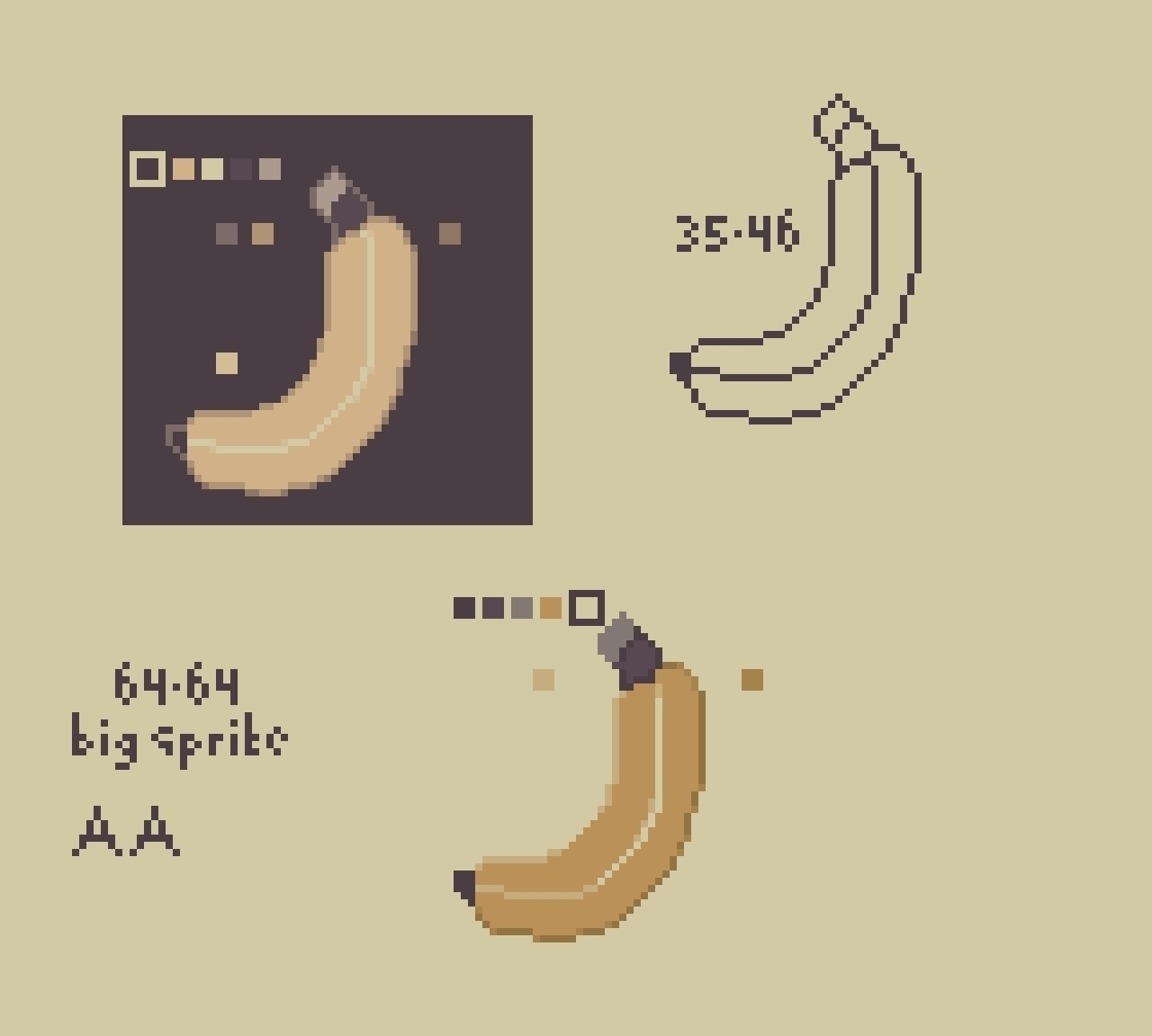 pixel art with an outline and colored version of a banana on both a light and dark background