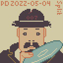 pixel art man in torn up bowler hat with disc in his hand