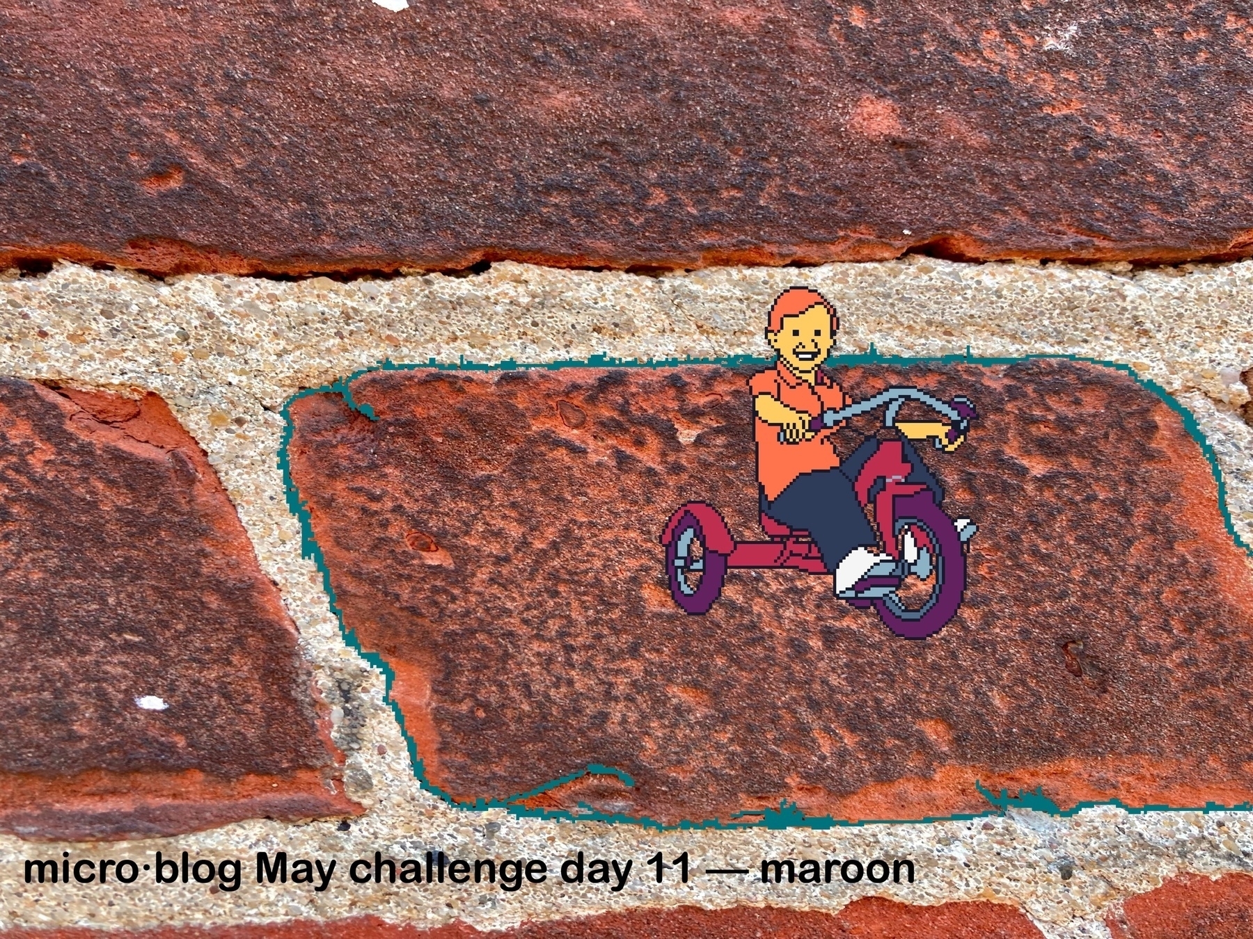 wall with maroon colored brick with a pixel art toddler on a tricycle