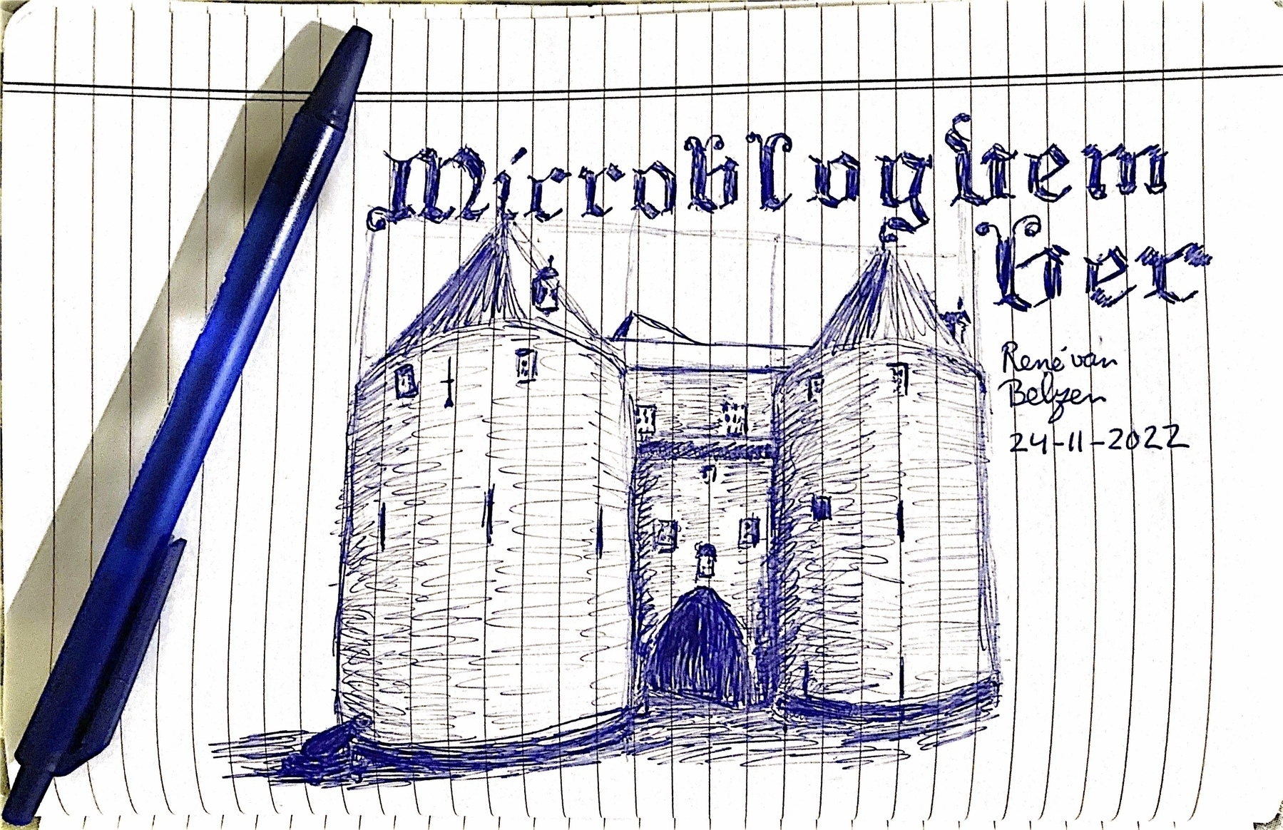 ballpoint sketch of medieval building with two towers