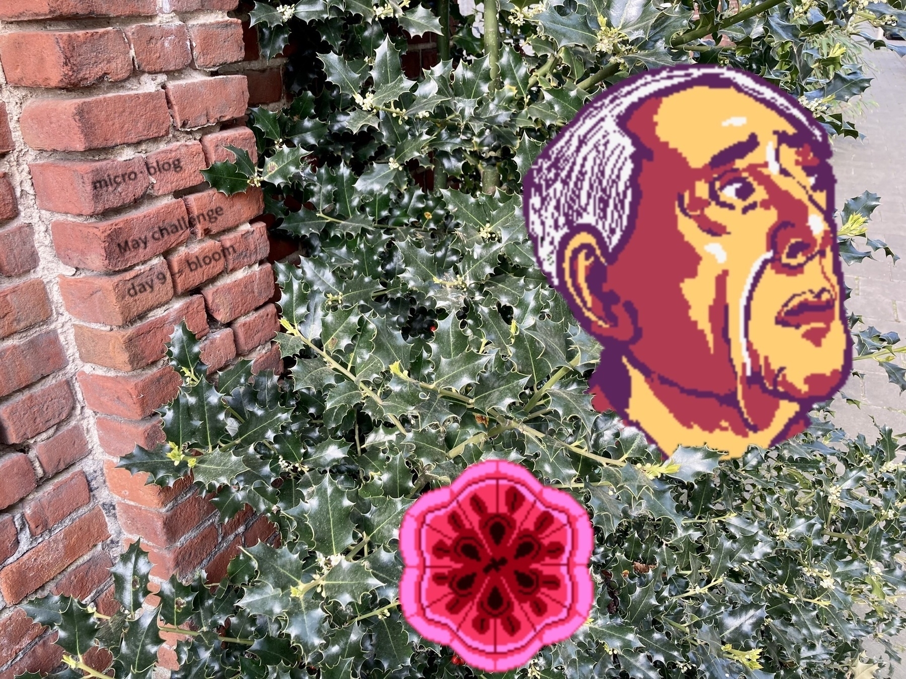 flower bloom and Harold Bloom pixel art in a bush