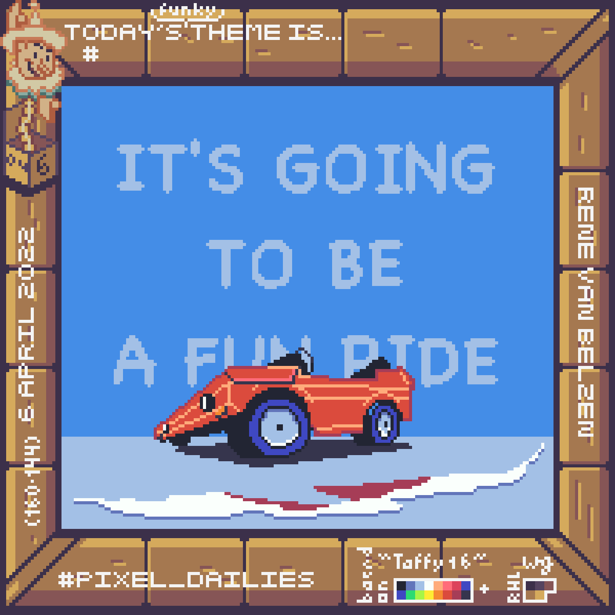pixel art tiny red car in heavy perspective and a text behind it indicating a fun ride