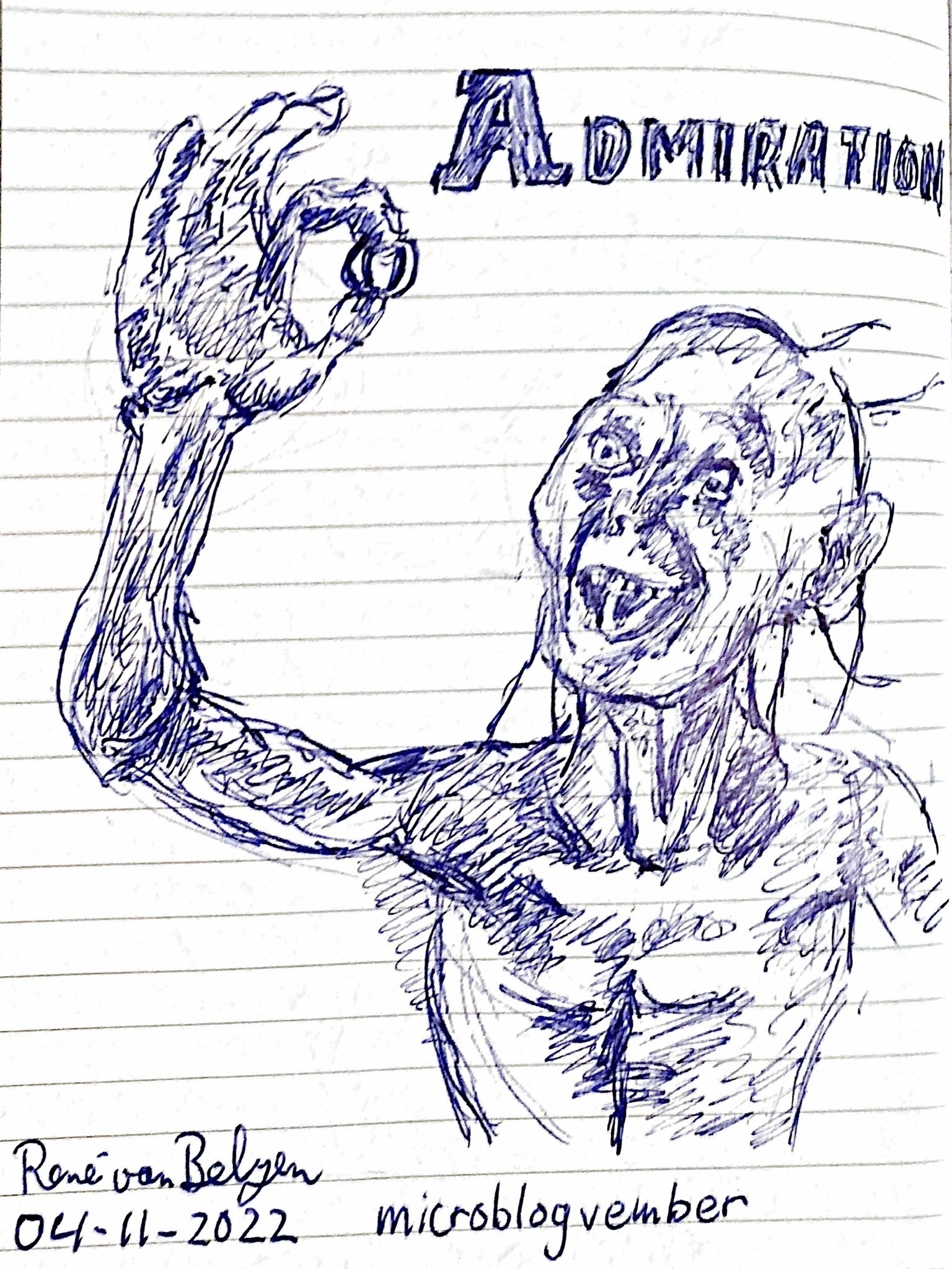 ballpoint sketch of LOTR Gollum catching the ring of power