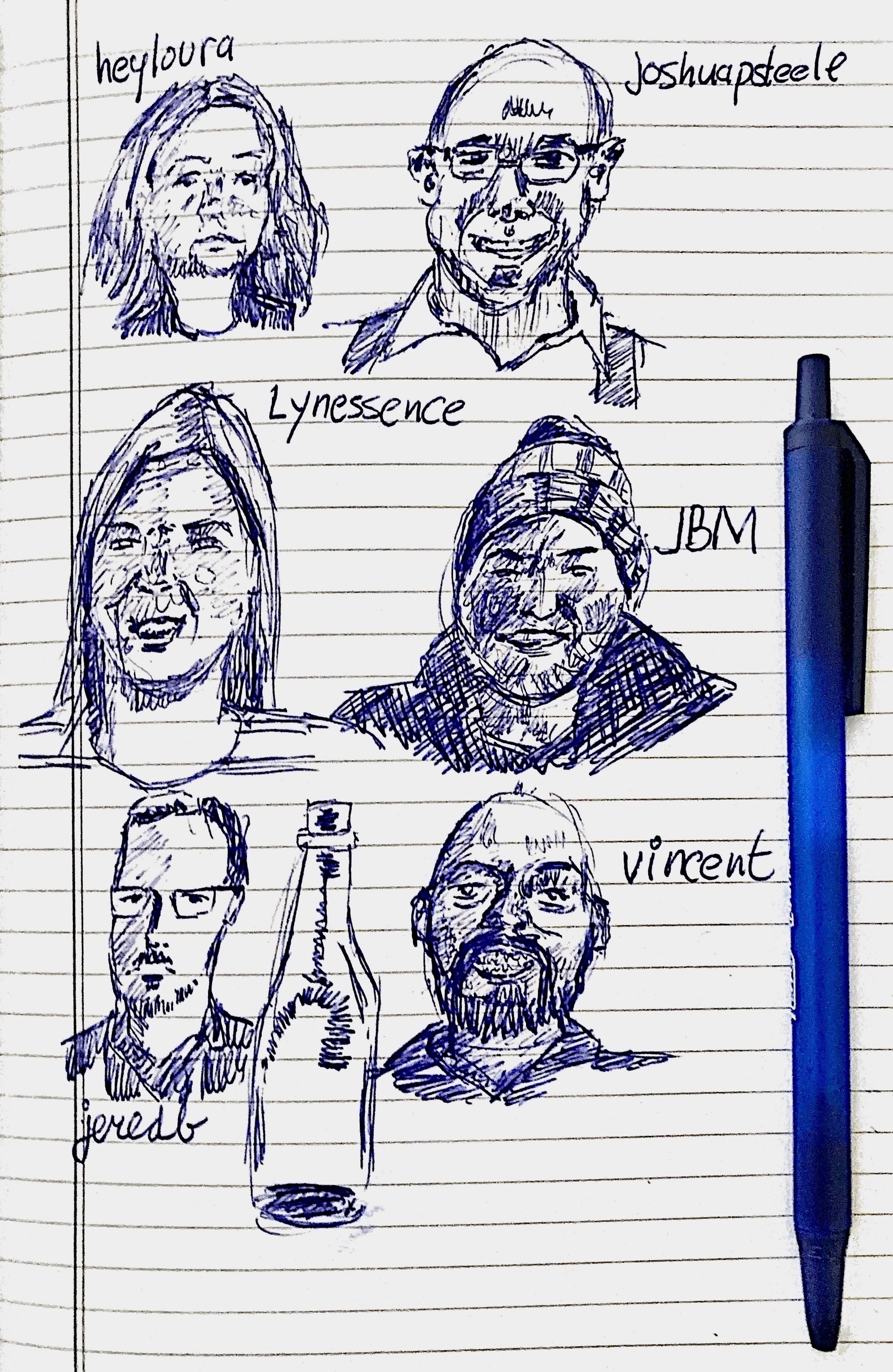 ballpoint pen sketch of several bloggers on the micro∙blog timeline