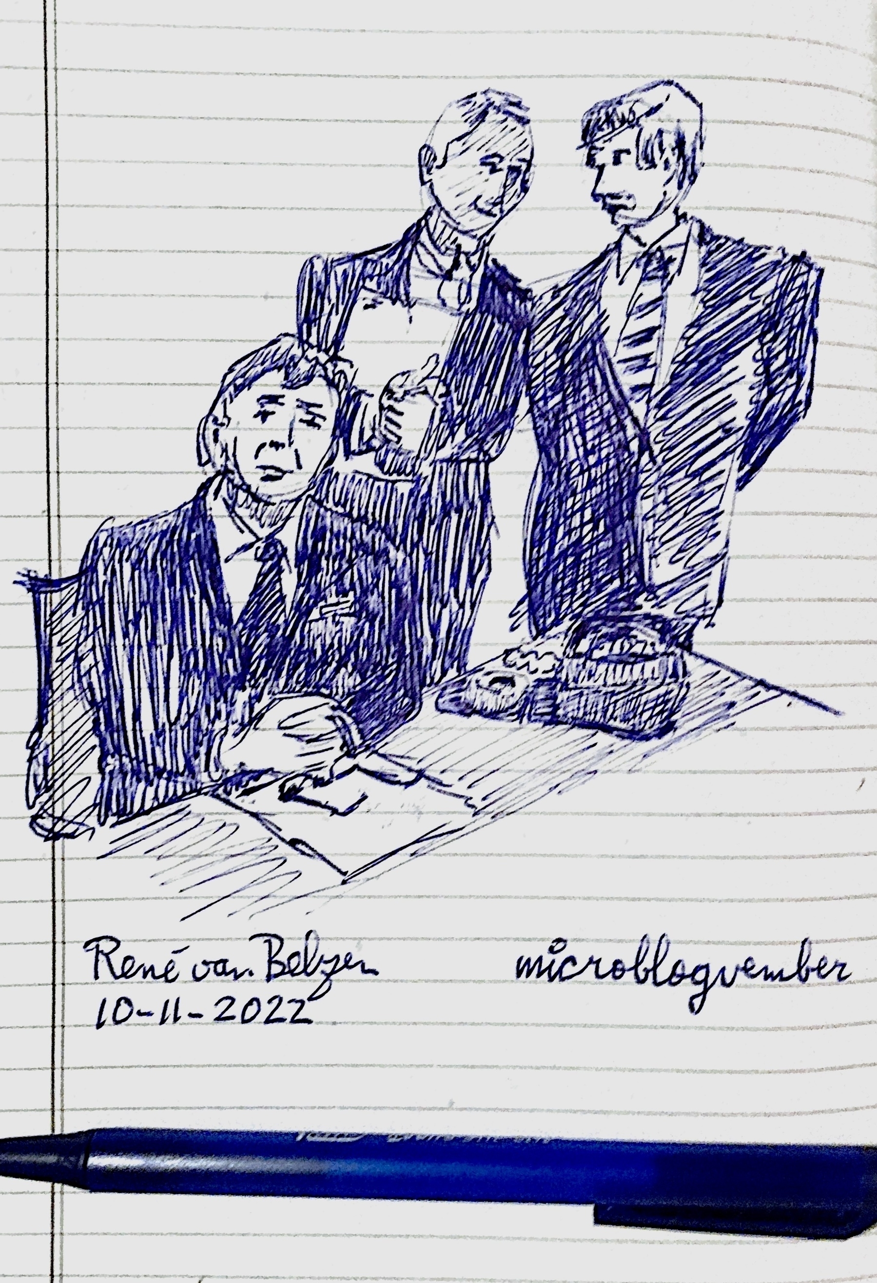 ballpoint sketch of the main cast of Yes Minister