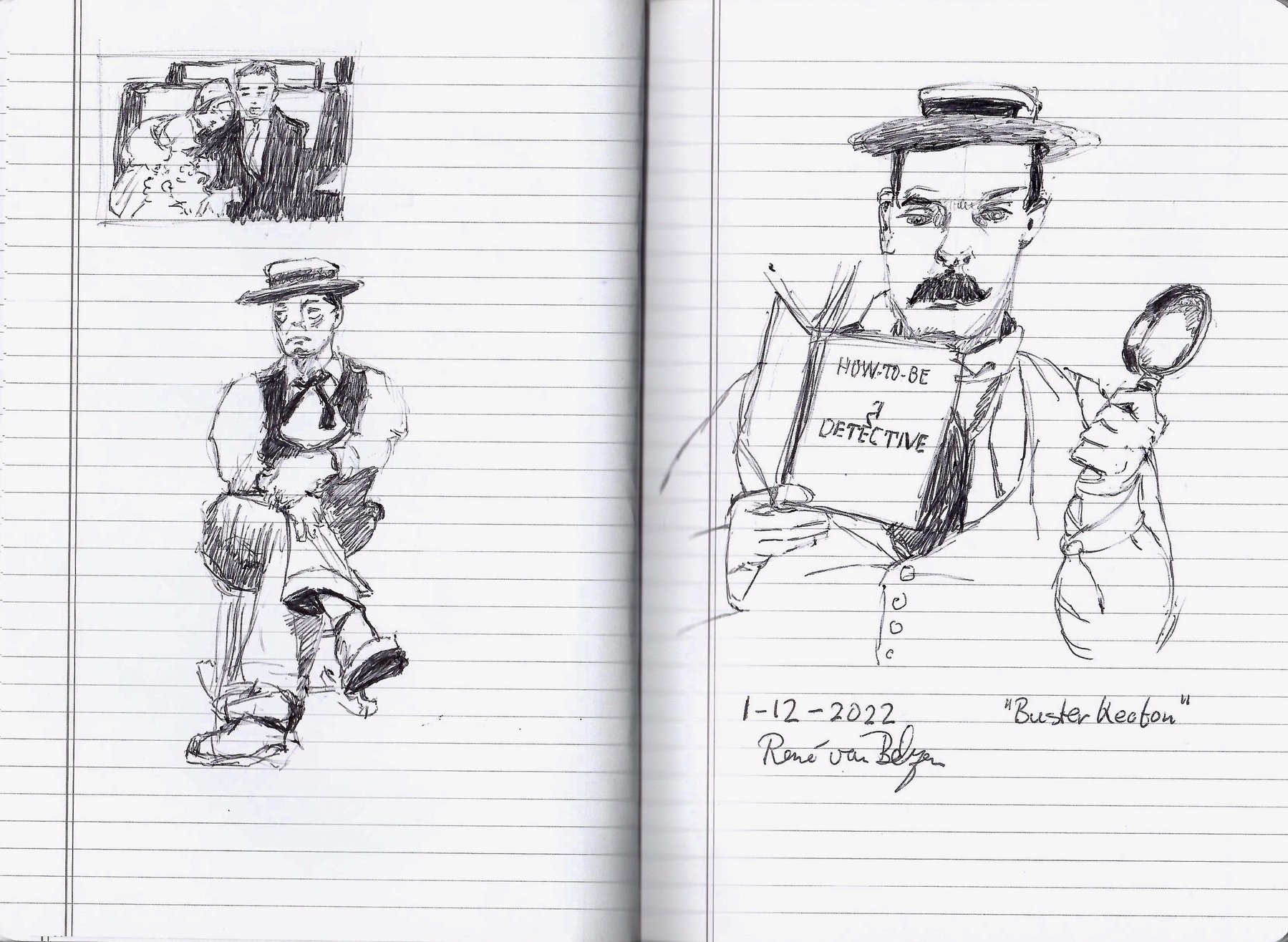 ballpoint pen sketches in notebook of Buster Keaton