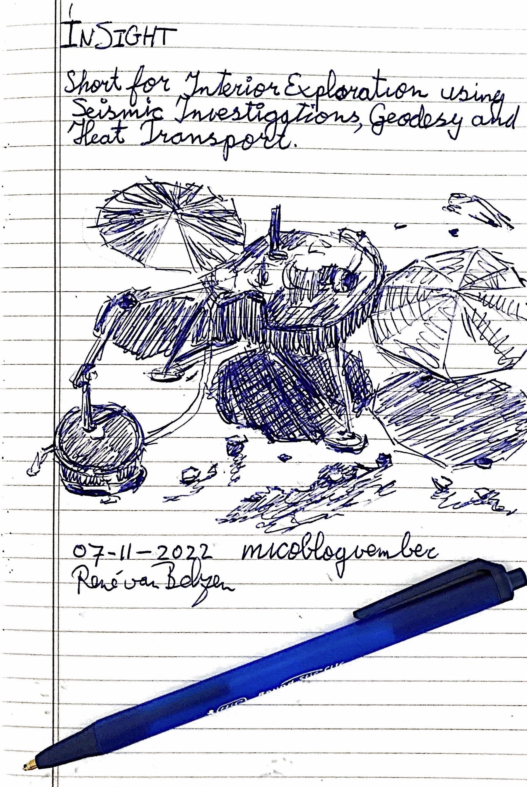 ballpoint sketch note of the InSight lander for the planet Mars
