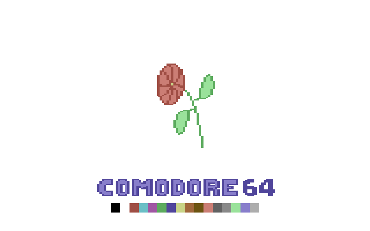 pixel art, a flower on top of the phrase commodore 64 and a color bar