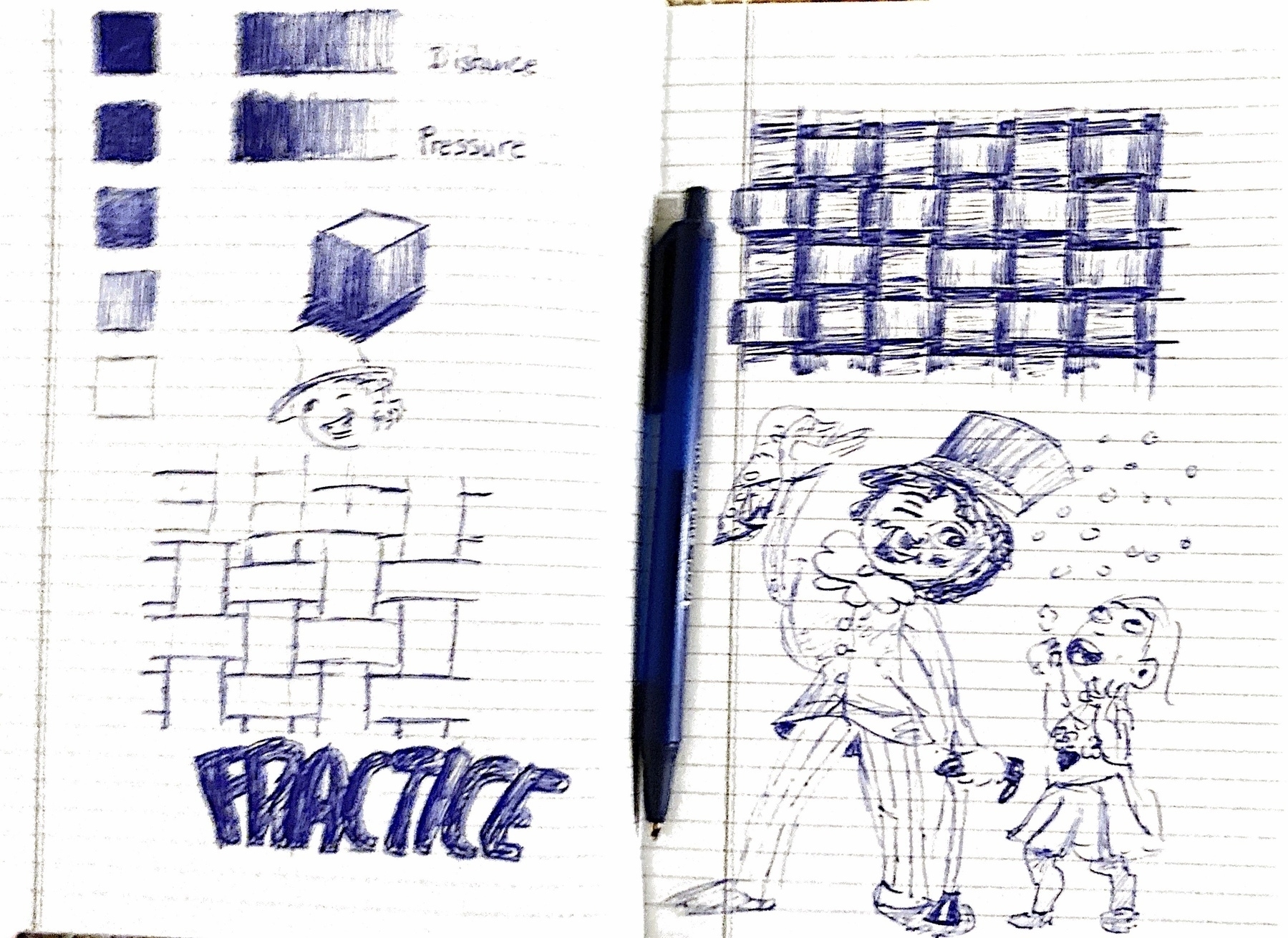 Ballpoint pen sketch pages with practice exercises 