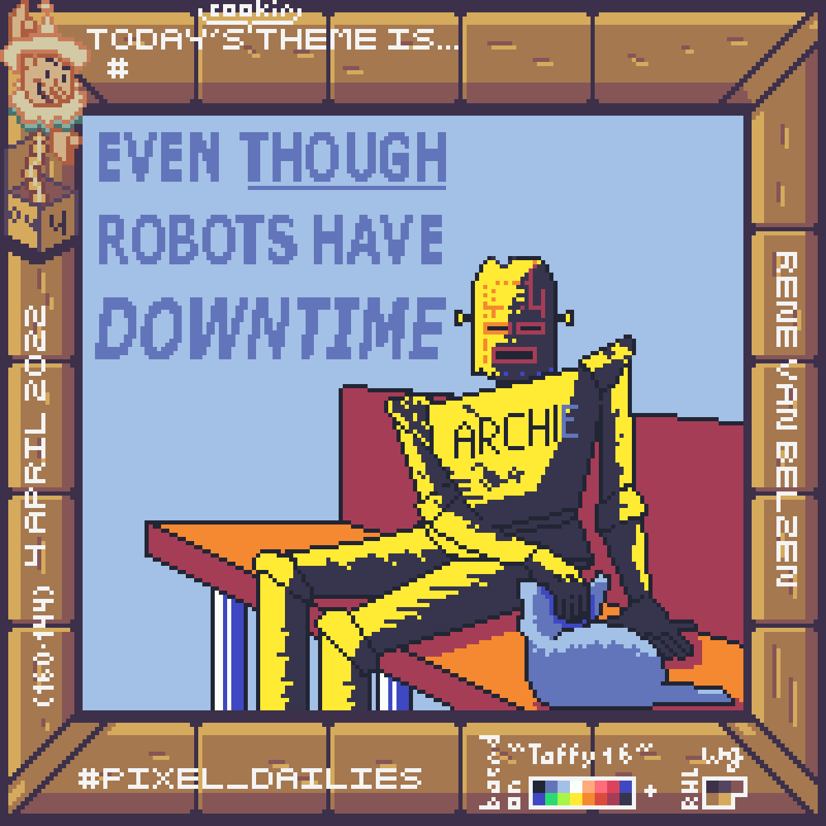 pixel art robot archie sitting on bench petting a cat