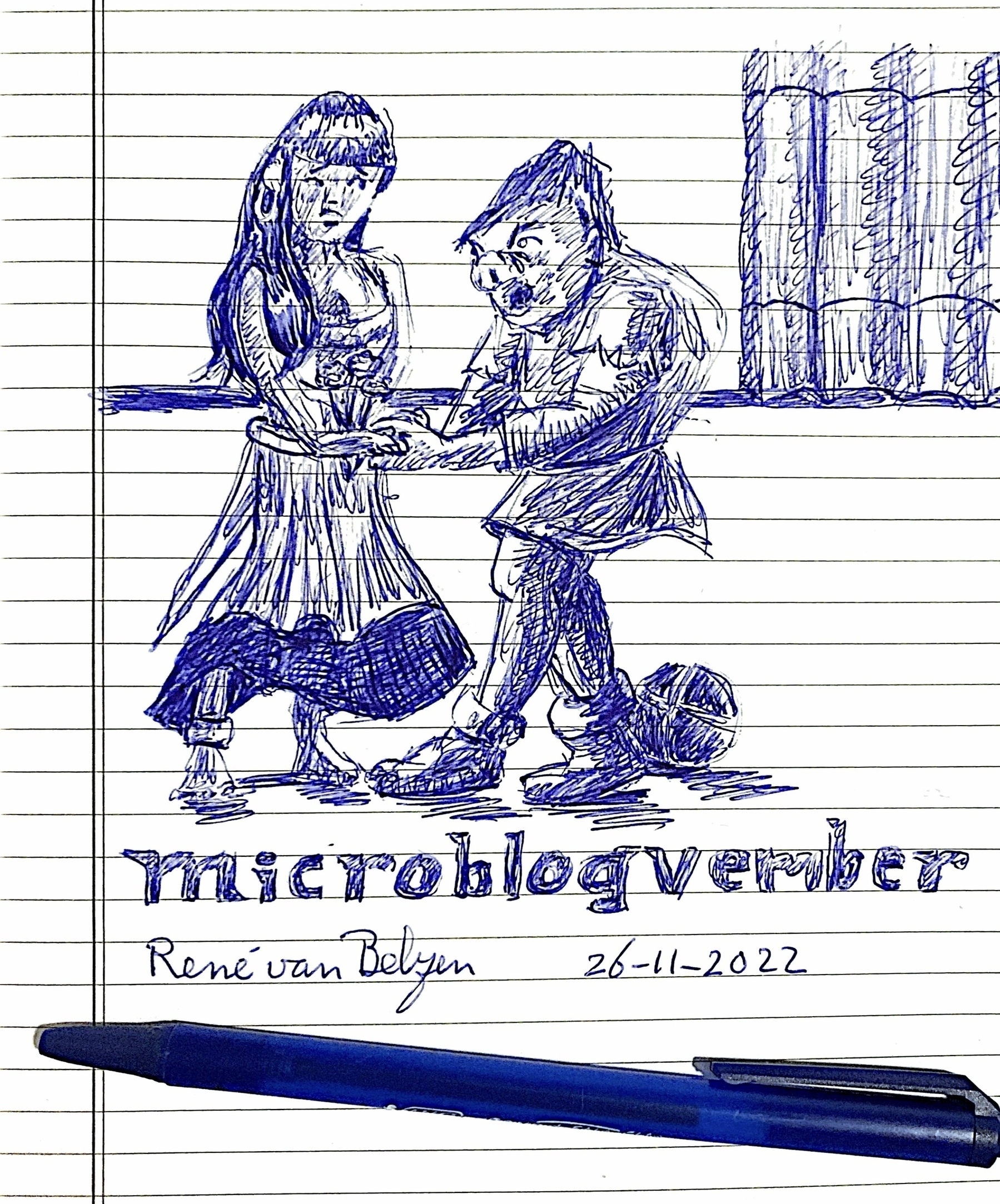 ballpoint pen cartoon sketch of quasimodo giving esmeralda some wild flowers