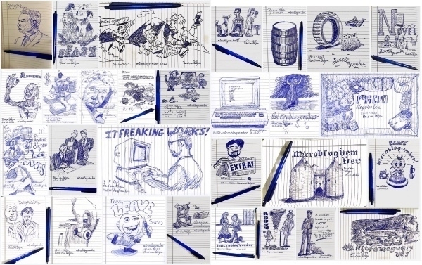 collage of 29 ballpoint pen sketches for Microblogvember 2022