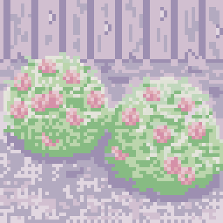 Two pixel art bushes with pink flowers are depicted against a purple fence background.