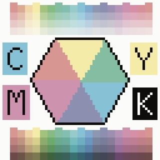 A pixelated CMYK color model is displayed, featuring a hexagon divided into colored sections with C, M, Y, and K letters around it, surrounded by gradient palettes.