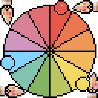 A pixel art color wheel segmented into eight sections, each with a different color and bordered by shaded diamonds at the ends.