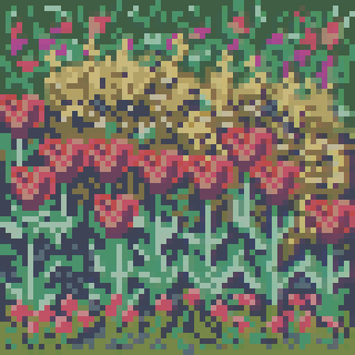 A pixelated artwork featuring red flowers with green leaves and abstract patterns in the background.