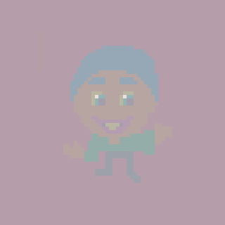 A pixelated character with a light blue hat, blue shirt, and a big smile is set against a light purple background.